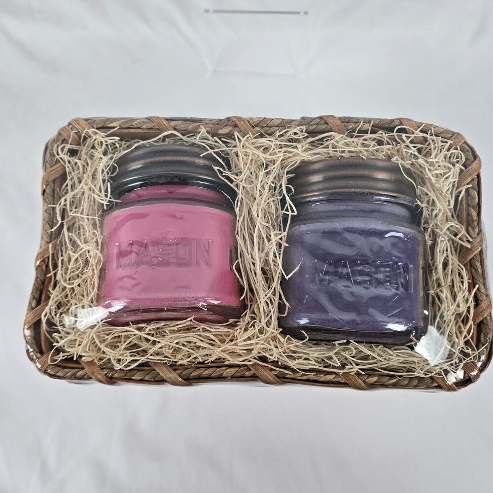 NEW Amish Comfort Candle Gift Basket Handmade 3.5"x3" Mason Jar x 2 Pink Purple